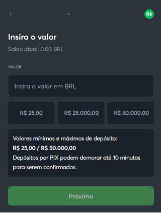 Tela de depósito da Sportbet.io informado valores mínimos e máximos para depósito