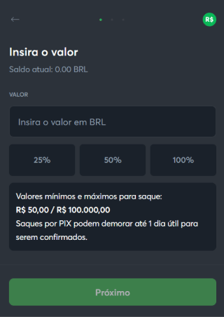 Tela de saque da Sportbet.io informado valores mínimos e máximos para saque